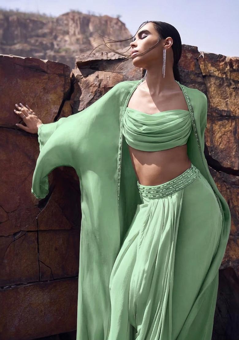 Mint Green Embroidered Handwork Fusion Set - Indya