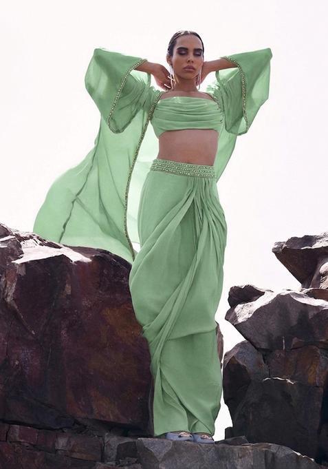 Mint Green Embroidered Handwork  Fusion Set