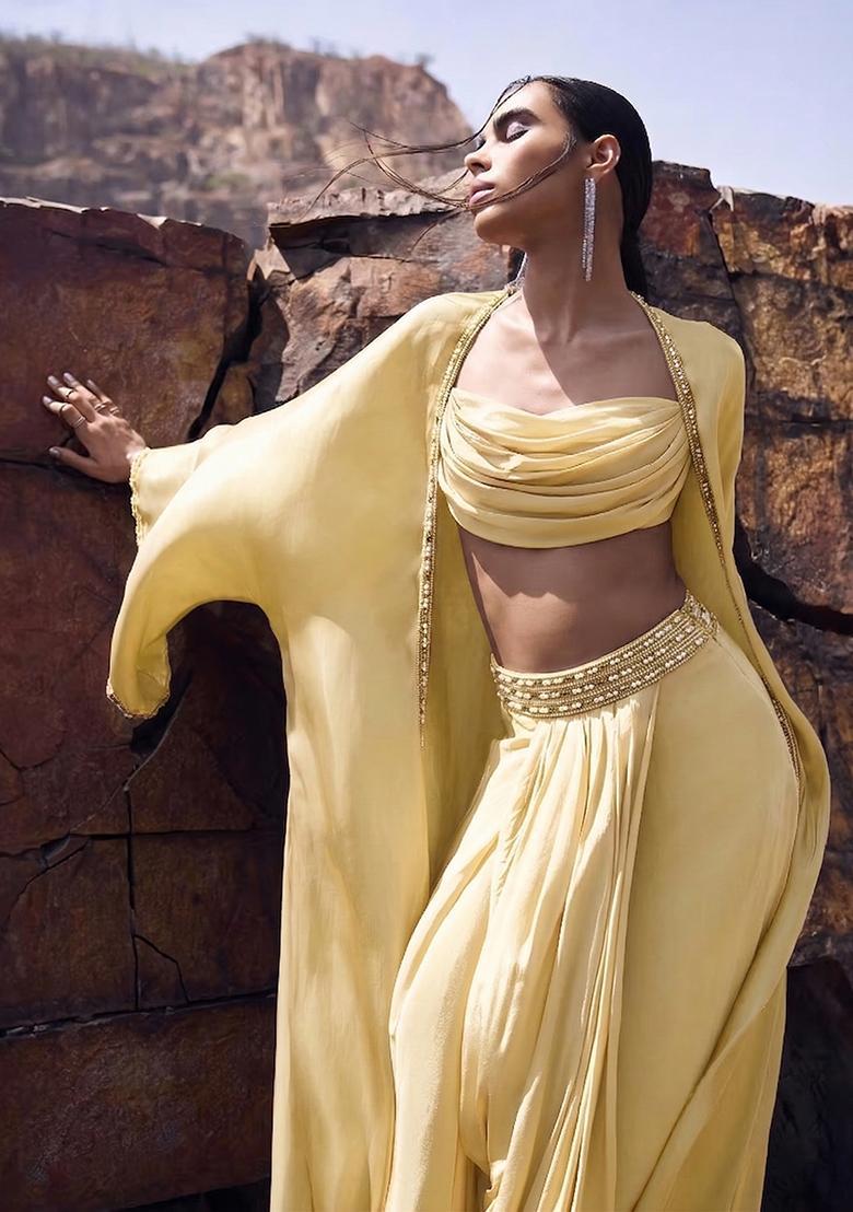 Yellow Embroidered Handwork Fusion Set - Indya