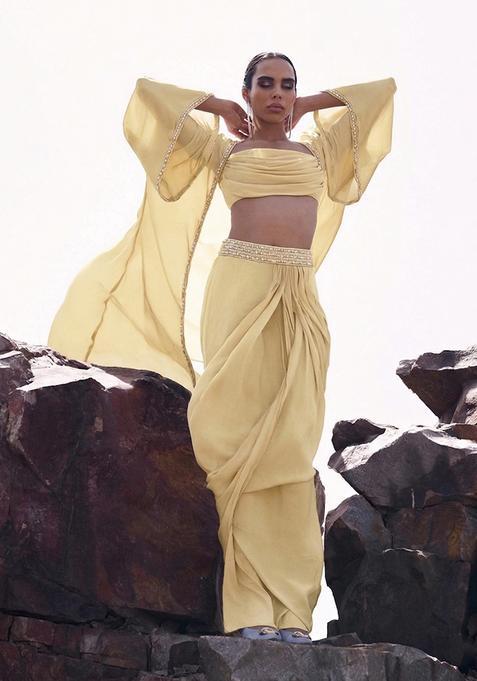 Yellow Embroidered Handwork  Fusion Set