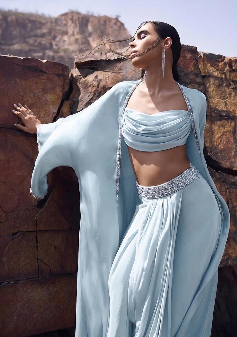 Blue Embroidered Handwork Fusion Set - Indya