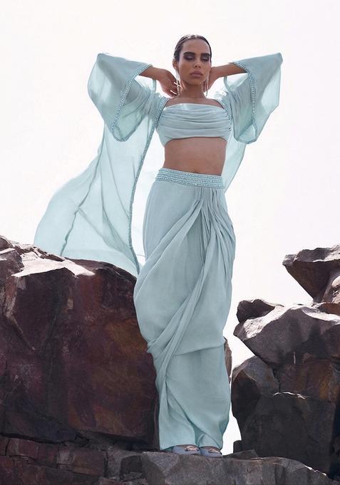 Blue Embroidered Handwork  Fusion Set