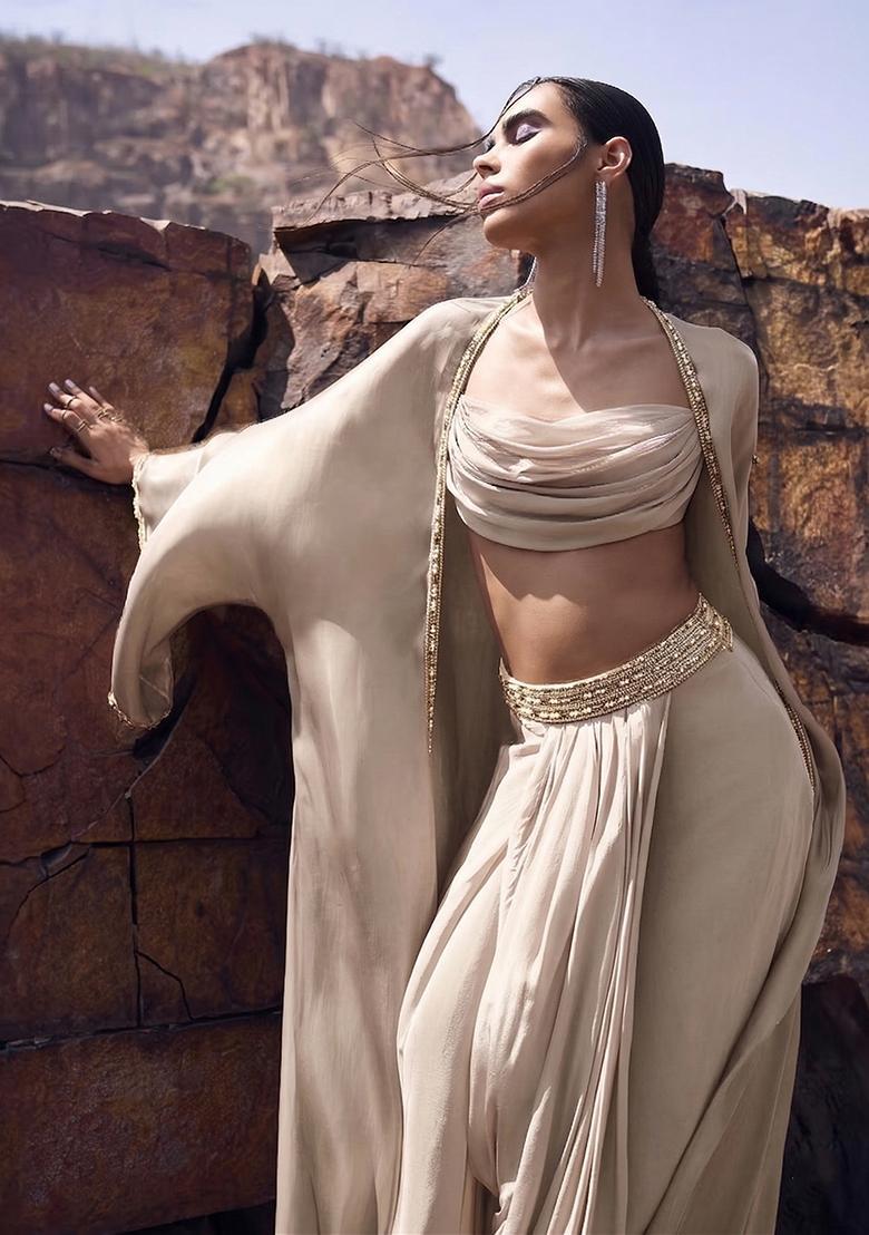 Beige Embroidered Handwork Fusion Set - Indya