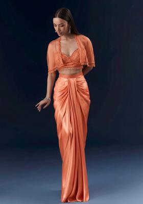 Coral Orange Embroidered Handwork  Fusion Set