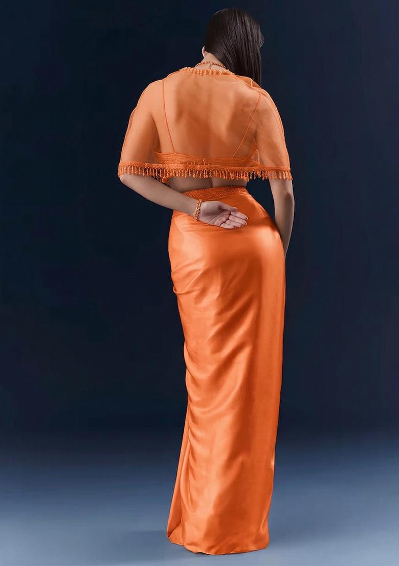 Coral Orange Embroidered Handwork Fusion Set - Indya