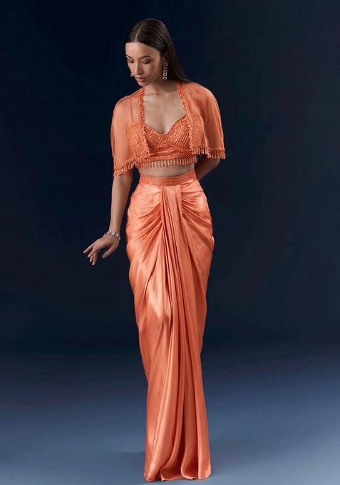 Coral Orange Embroidered Handwork  Fusion Set