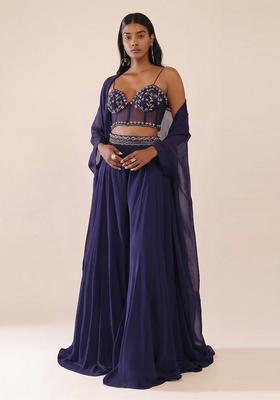 Indigo Purple Embroidered Handwork Fusion Set