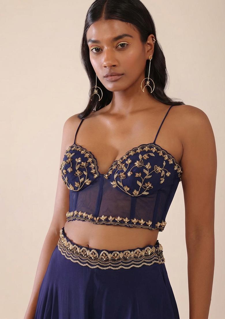 Indigo Purple Embroidered Handwork Fusion Set - Indya