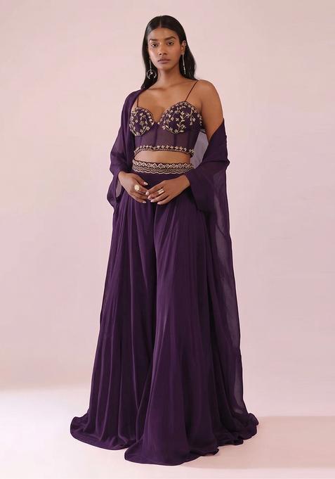 Purple  Embroidered Handwork  Fusion Set