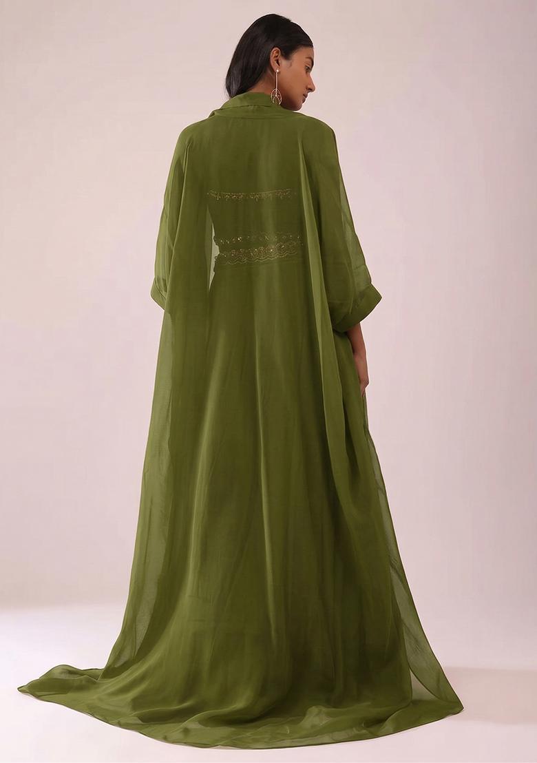 Olive Green Embroidered Handwork Fusion Set - Indya