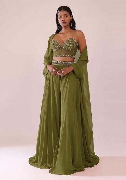 Olive Green Embroidered Handwork Fusion Set