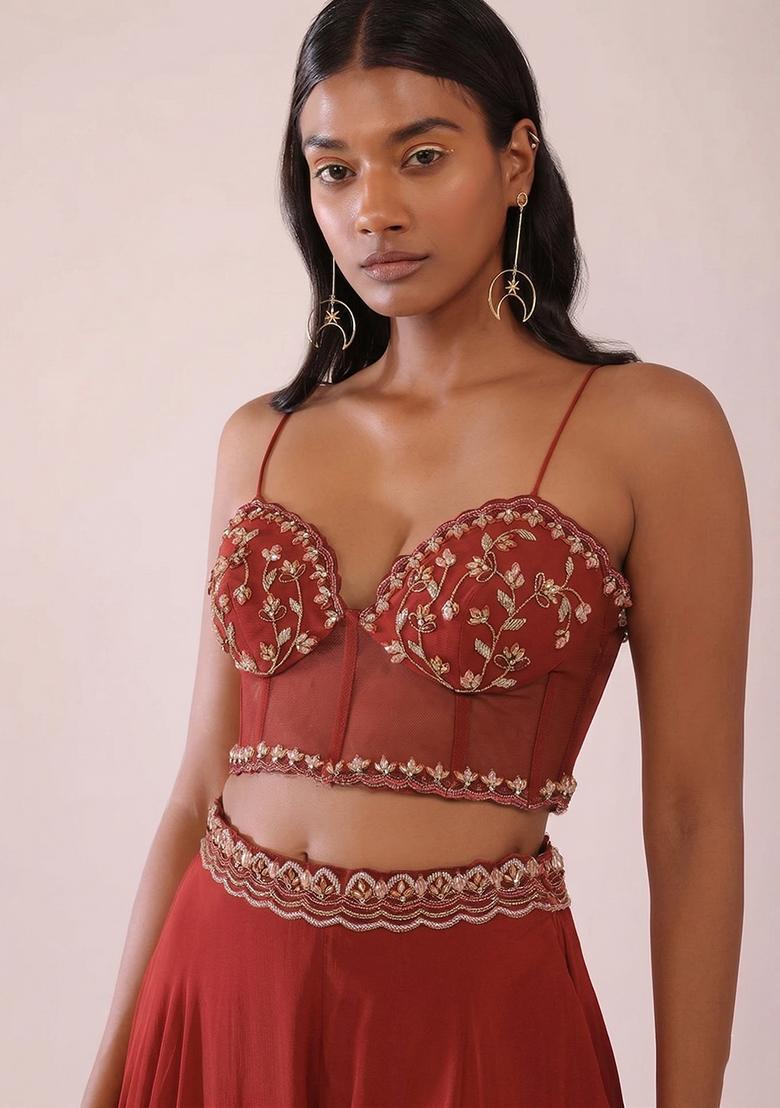 Red Embroidered Handwork Fusion Set - Indya