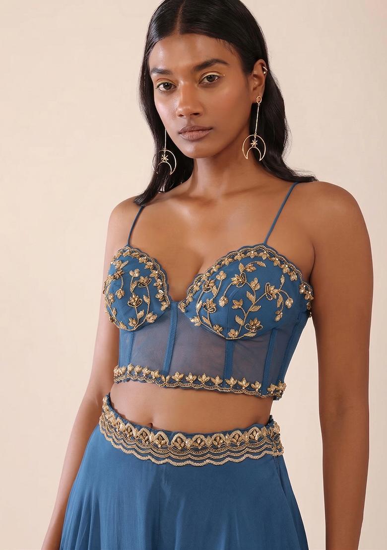 Blue Embroidered Handwork Fusion Set - Indya