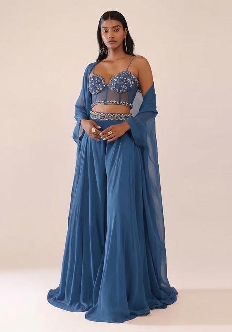 Blue Embroidered Handwork  Fusion Set