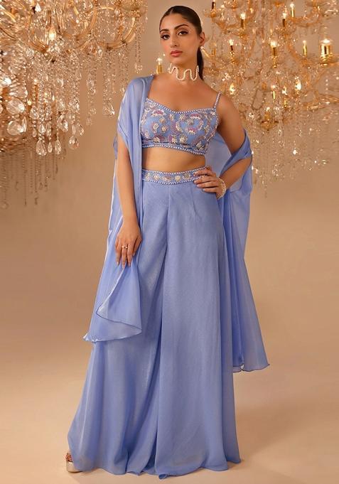 Powder Blue Embroidered Handwork  Fusion Set