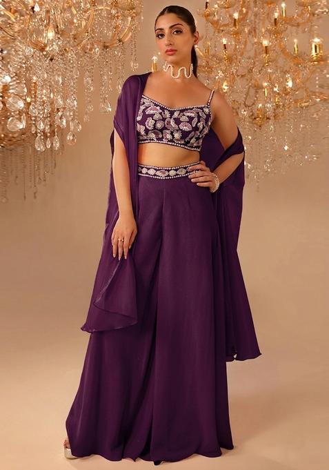 Purple Embroidered Handwork  Fusion Set