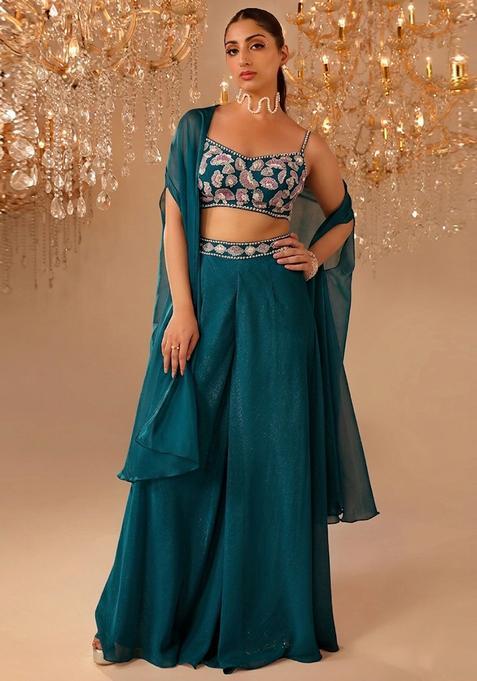 Teal Embroidered Handwork  Fusion Set
