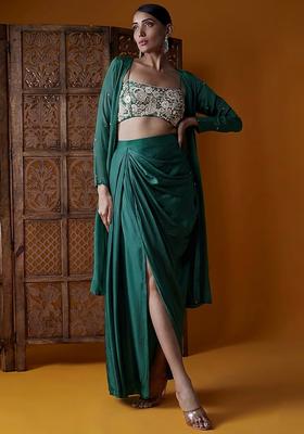 Green Embroidered Handwork  Fusion Set