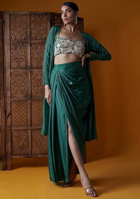 Green Embroidered Handwork  Fusion Set