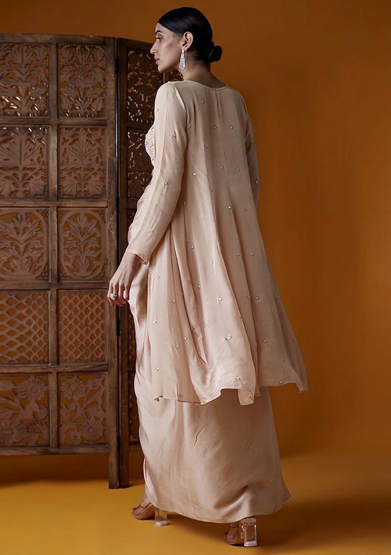 Beige Embroidered Handwork Fusion Set - Indya