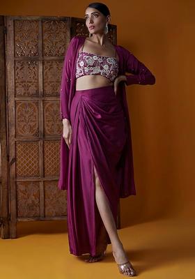 Purple Embroidered Handwork Fusion Set