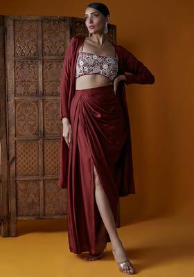 Dark Ruby Embroidered Handwork  Fusion Set
