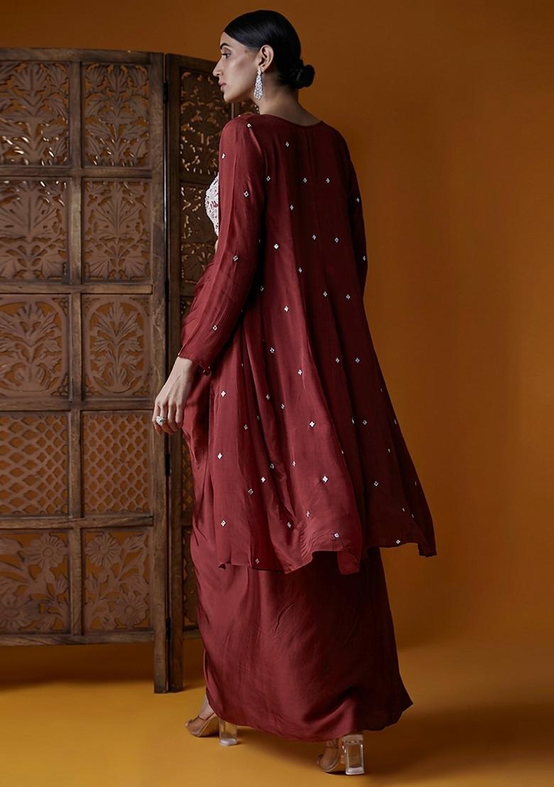 Dark Ruby Embroidered Handwork Fusion Set - Indya
