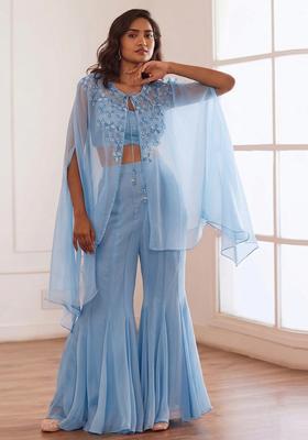 Baby Blue Embroidered Handwork  Fusion Set