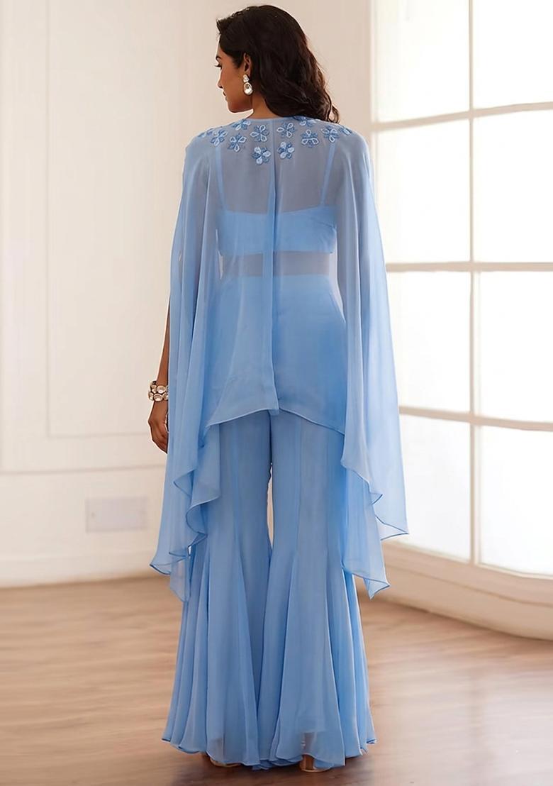 Baby Blue Embroidered Handwork Fusion Set - Indya