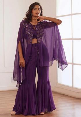 Purple Embroidered Handwork Fusion Set