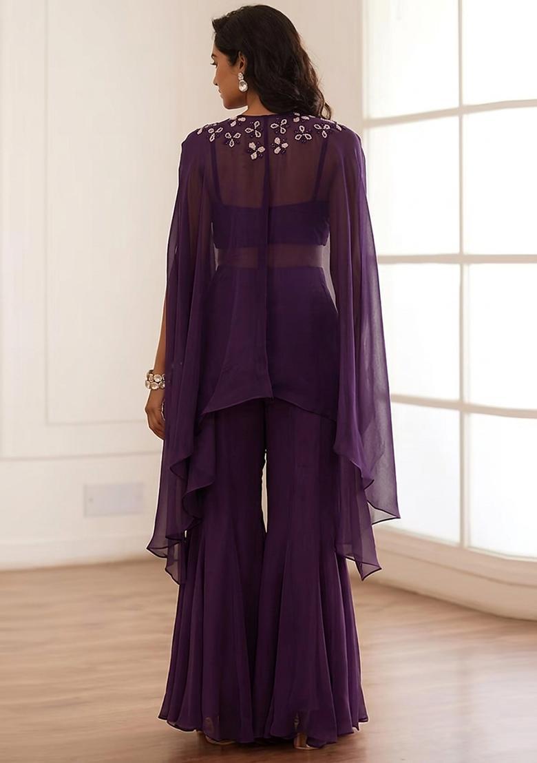 Purple Embroidered Handwork Fusion Set - Indya