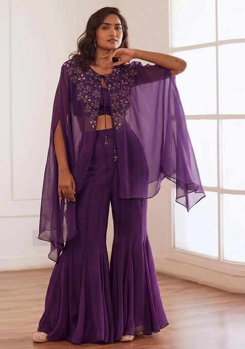 Purple Embroidered Handwork  Fusion Set
