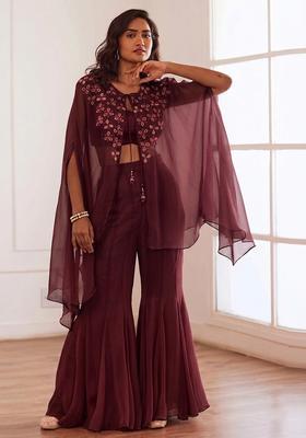 Wine Embroidered Handwork Fusion Set