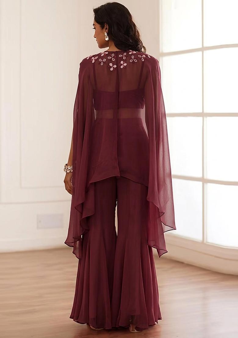 Wine Embroidered Handwork Fusion Set - Indya