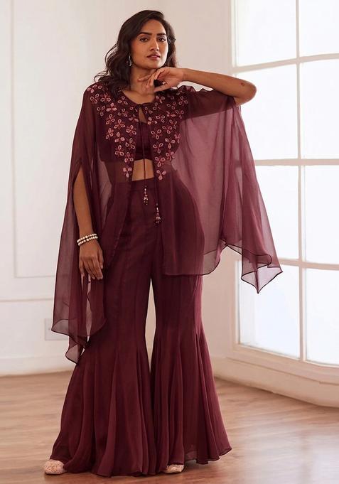 Wine Embroidered Handwork  Fusion Set