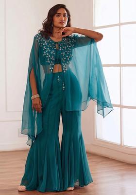 Teal Embroidered Handwork  Fusion Set