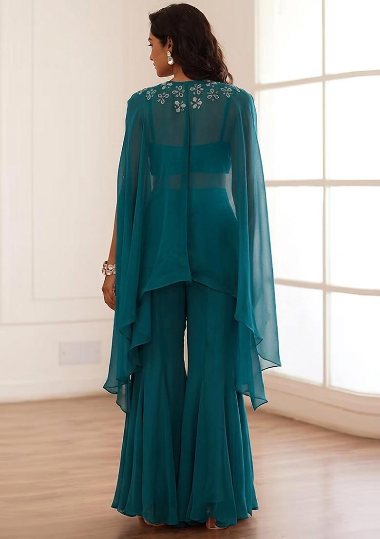 Teal Embroidered Handwork Fusion Set - Indya