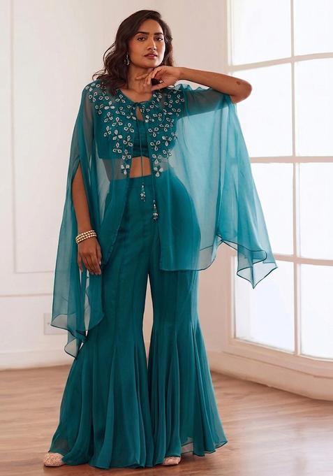 Teal Embroidered Handwork  Fusion Set