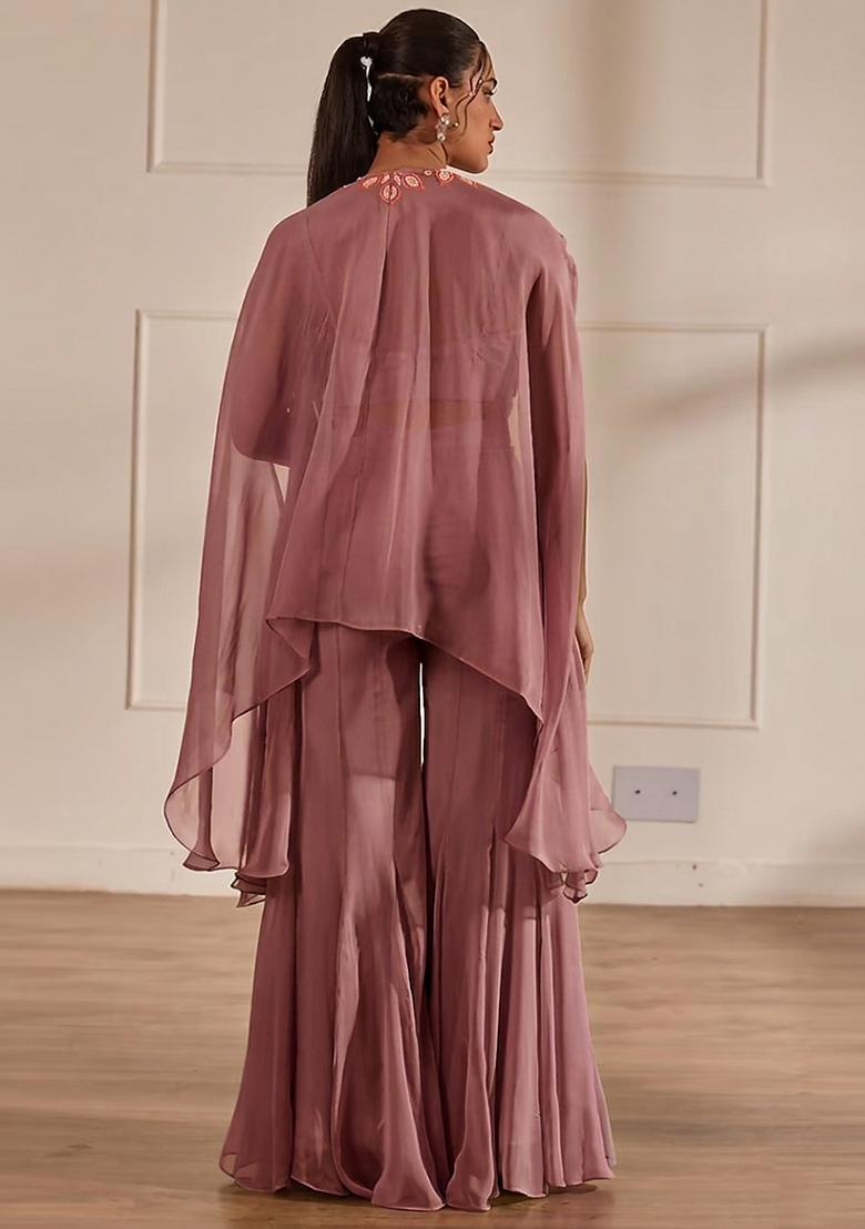 Mauve Embroidered Handwork Fusion Set - Indya