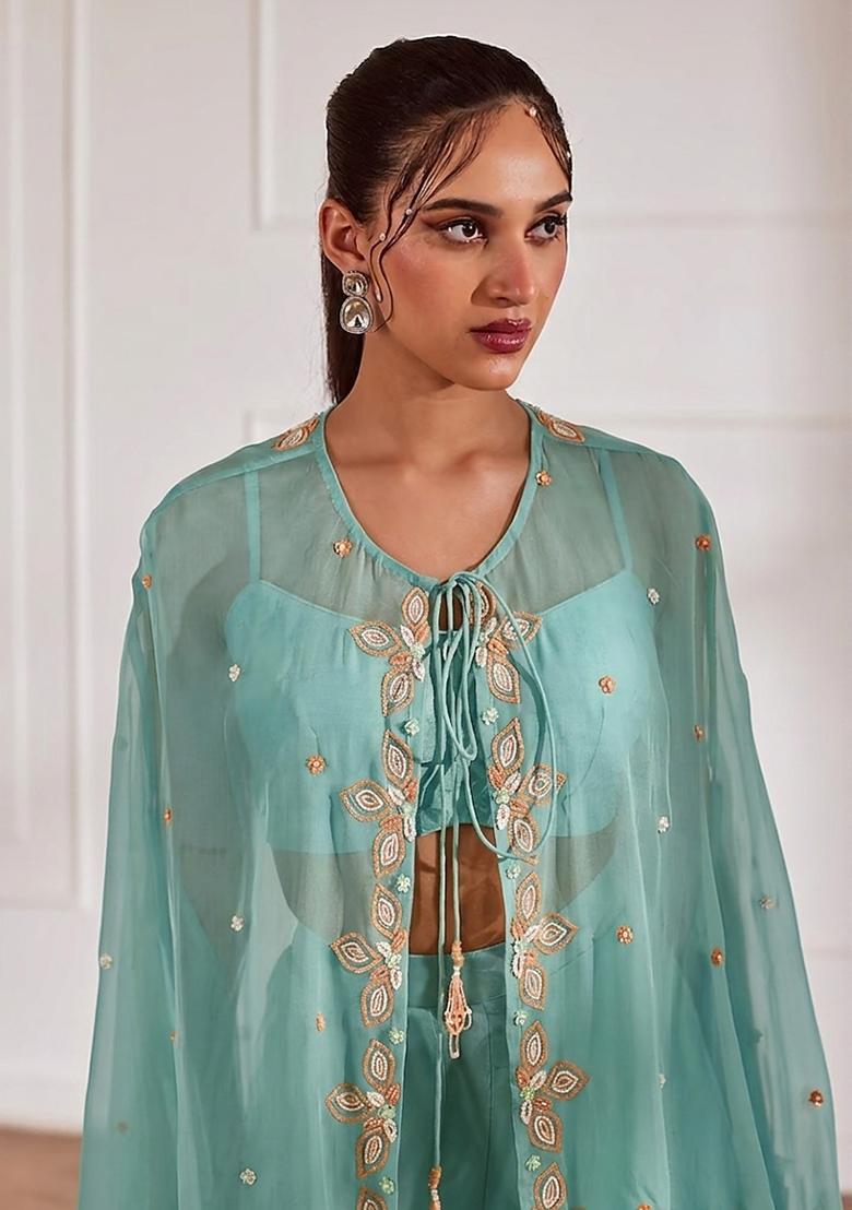 Pastel Blue Embroidered Handwork Fusion Set - Indya