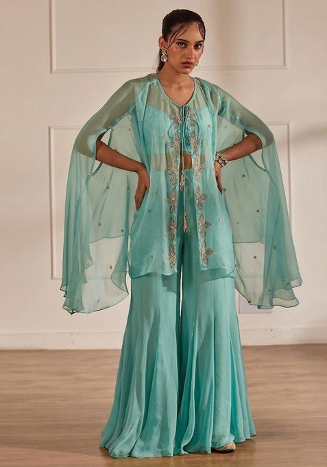 Pastel Blue Embroidered Handwork  Fusion Set