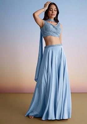 Powder Blue Embroidered Handwork  Fusion Set