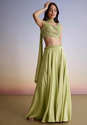 Green Embroidered Handwork  Fusion Set