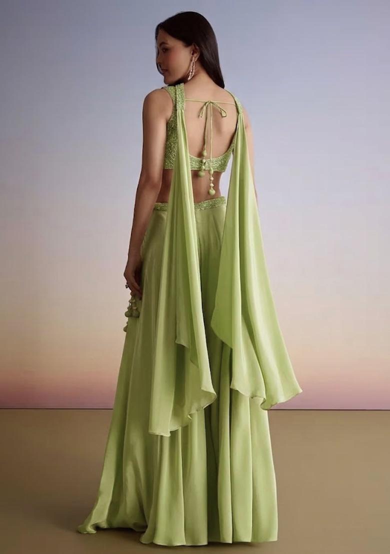 Green Embroidered Handwork Fusion Set - Indya