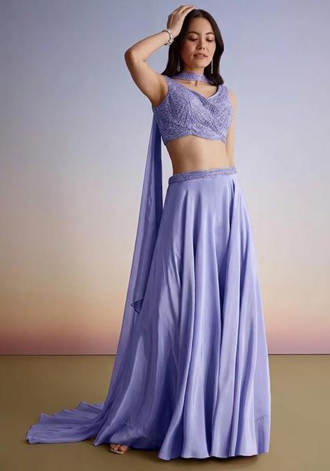 Pastel Blue Embroidered Handwork  Fusion Set