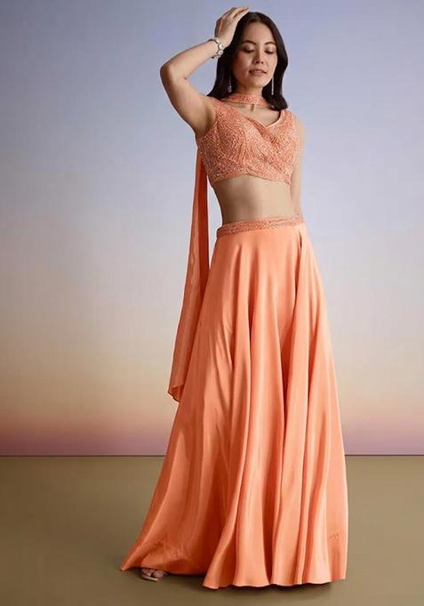 Peach Embroidered Handwork Fusion Set