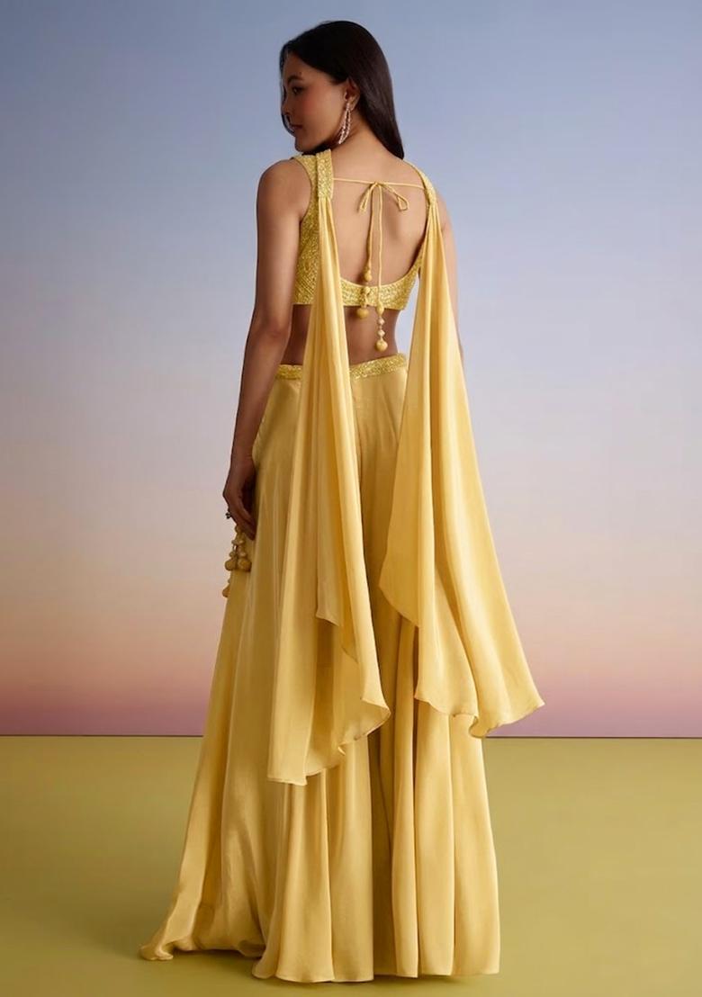 Yellow Embroidered Handwork Fusion Set - Indya