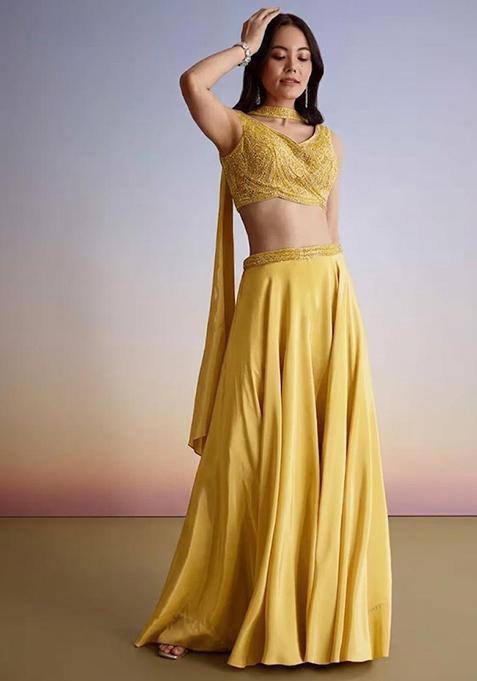 Yellow Embroidered Handwork  Fusion Set