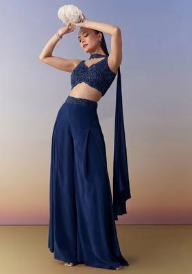 Midnight Blue Embroidered Handwork  Fusion Set