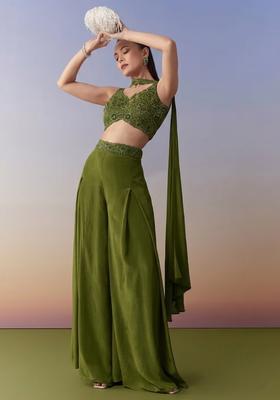 Green Embroidered Handwork  Fusion Set